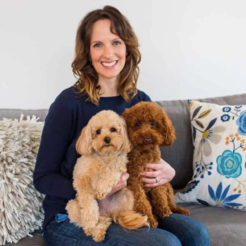Melissa Meehan and two dogs posing on a couch